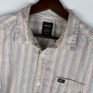RVCA Seersucker Button Up Shirt Mens Large Rainbow Vertical Stripe Short‎ Sleeve
